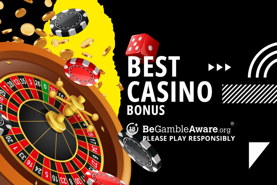 Illustration of casino roulette wheel, chips, dice, and coins with text 