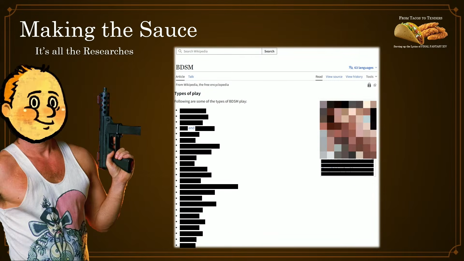 A slide from Koji Fox's lyric presentation at Final Fantasy 14 Fan Festival, showing a heavily redacted screenshot of Wikipedia's BDSM page.