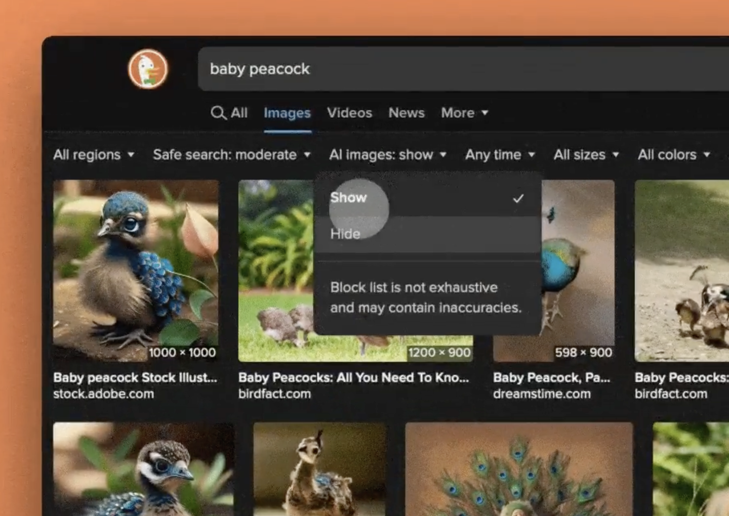 a screenshot showing the new setting in DuckDuckGo's browser, which lets users switch off AI images in search results.