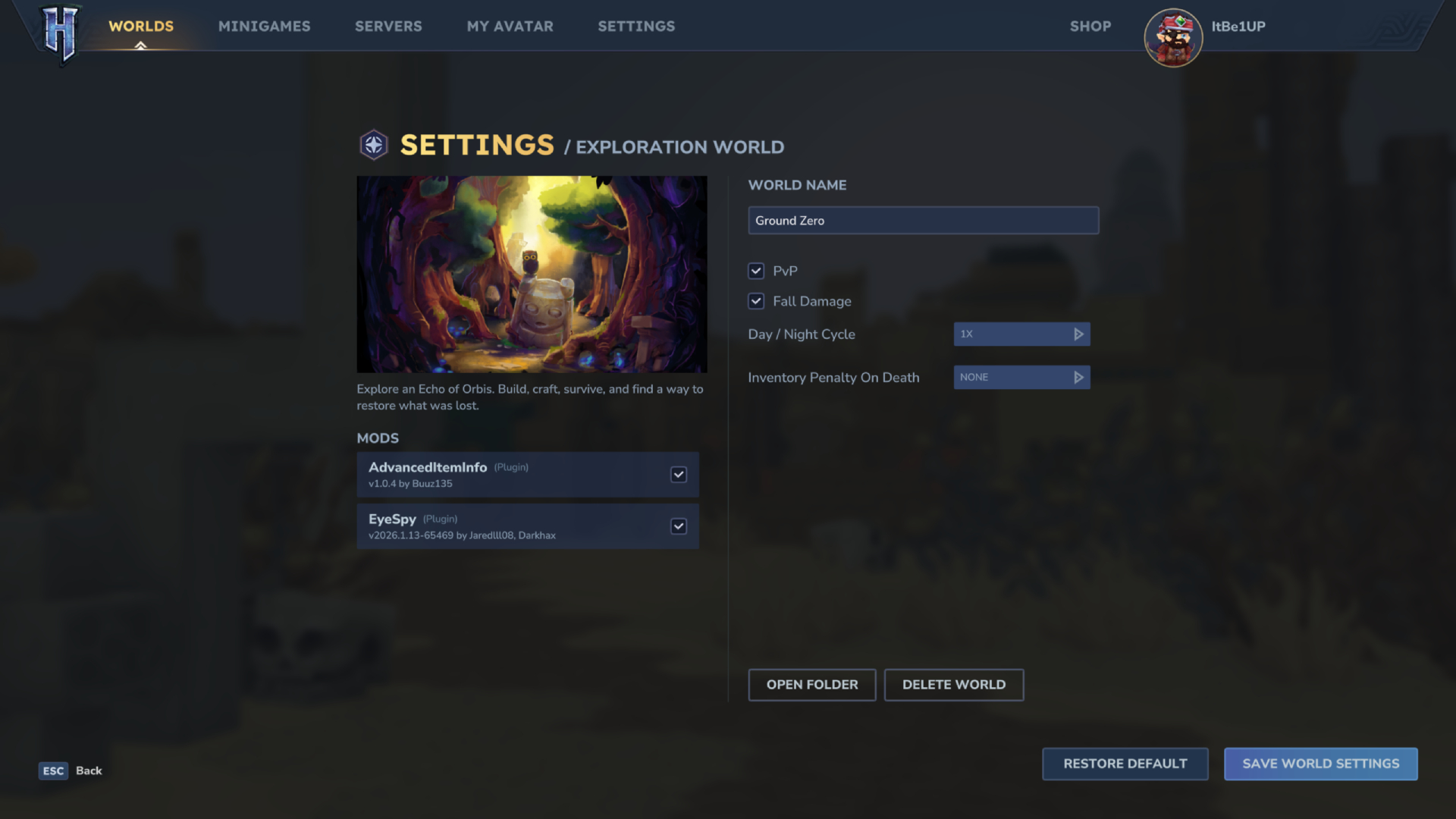 Best Hytale mods: The world settings screen where you can enable and disable installed mods.