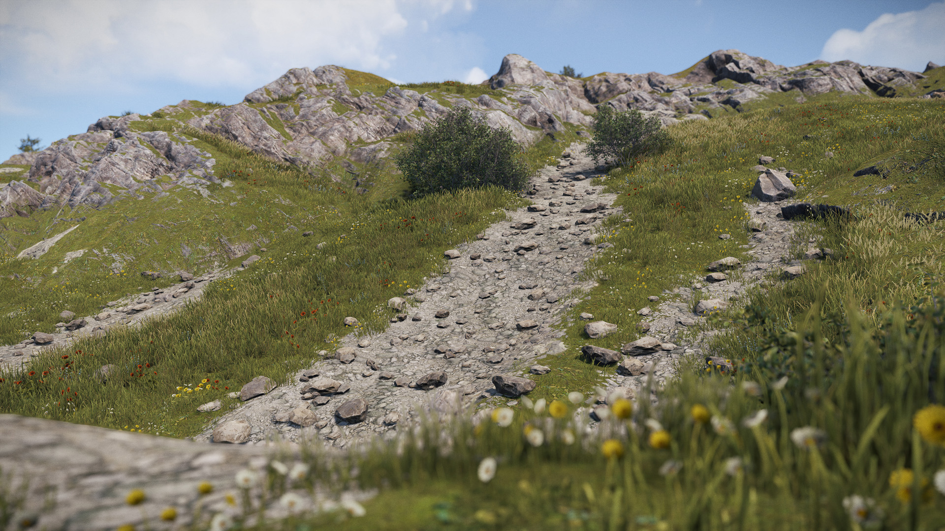 Scree slopes running down autumnal, snow-dusted mountains and green riverside valleys in Rust.