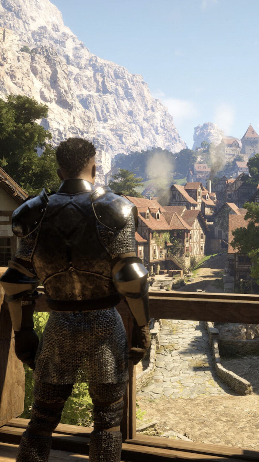 Pax Dei character turned away and looking out over a fantasy town