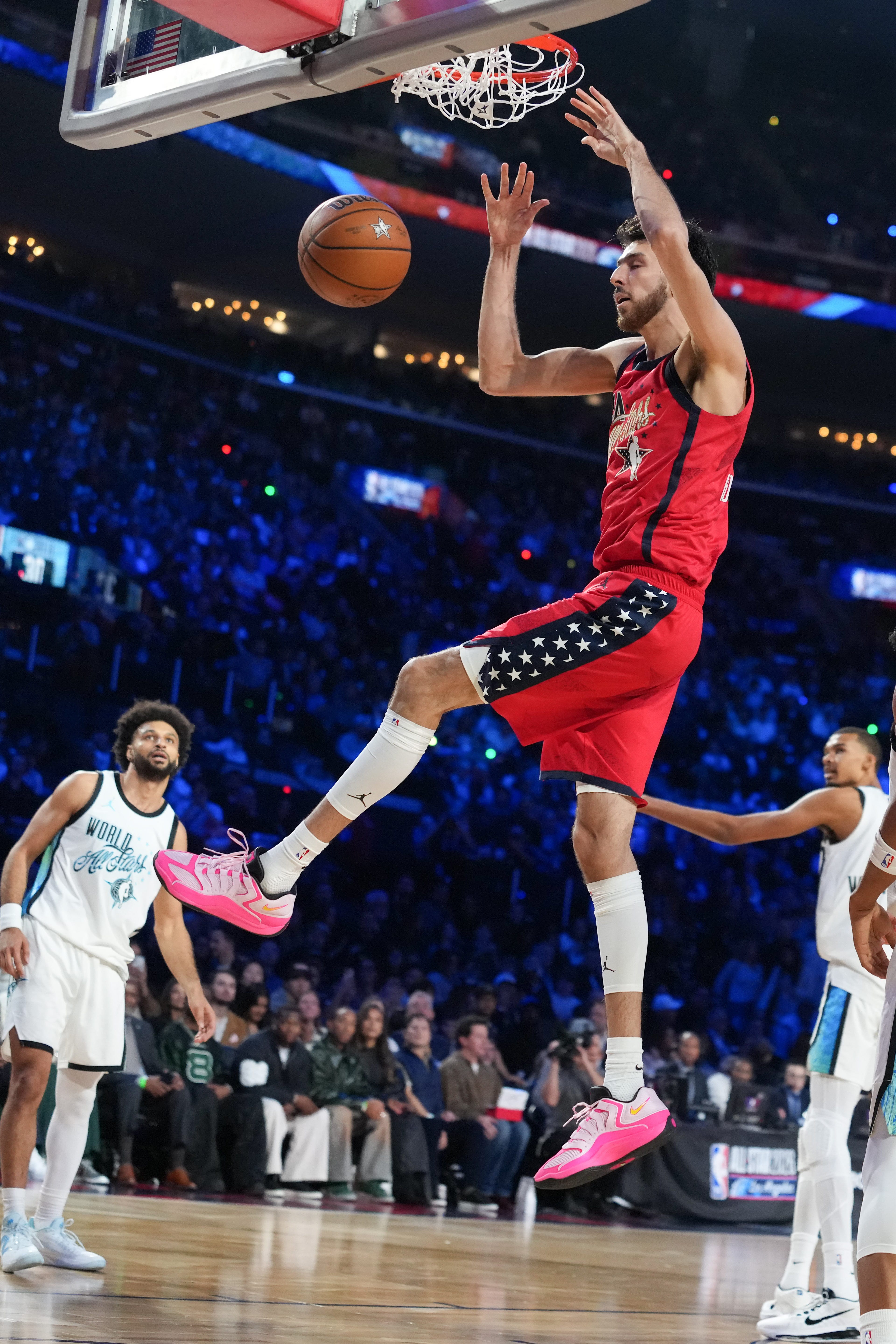 Feb 15, 2026; Inglewood, California, USA; Team USA Stars center Chet Holmgren (7) of the Oklahoma City Thunder dunks in game one against Team World during the 75th NBA All Star Game at Intuit Dome. Mandatory Credit: Kirby Lee-Imagn Images