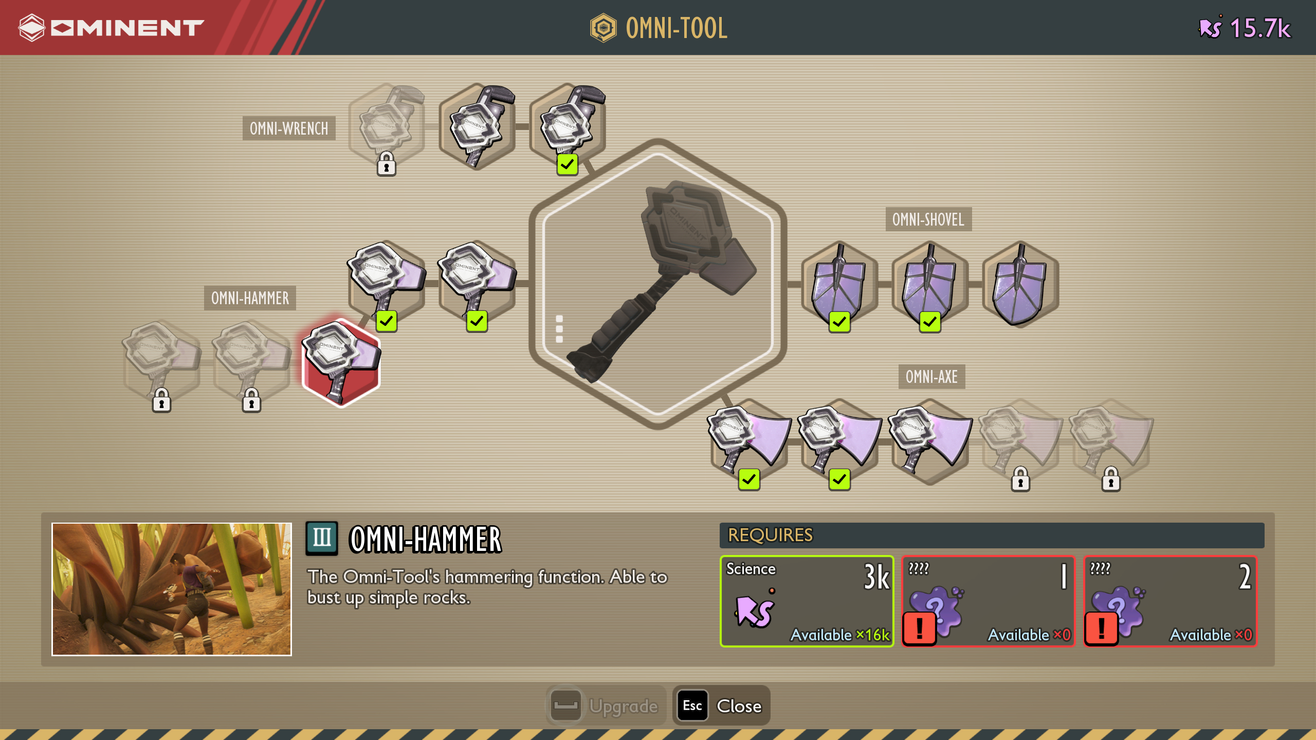 Grounded 2 Omni-Tool upgrades: The Omni-Hammer III upgrade in the Ominent research screen.