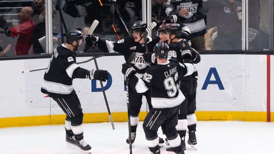 The Los Angeles Kings players celebrate after scoring a goal in a NHL game against the San Jose Sharks at the Crypto Arena on January 7th, 2026 in Los Angeles California.