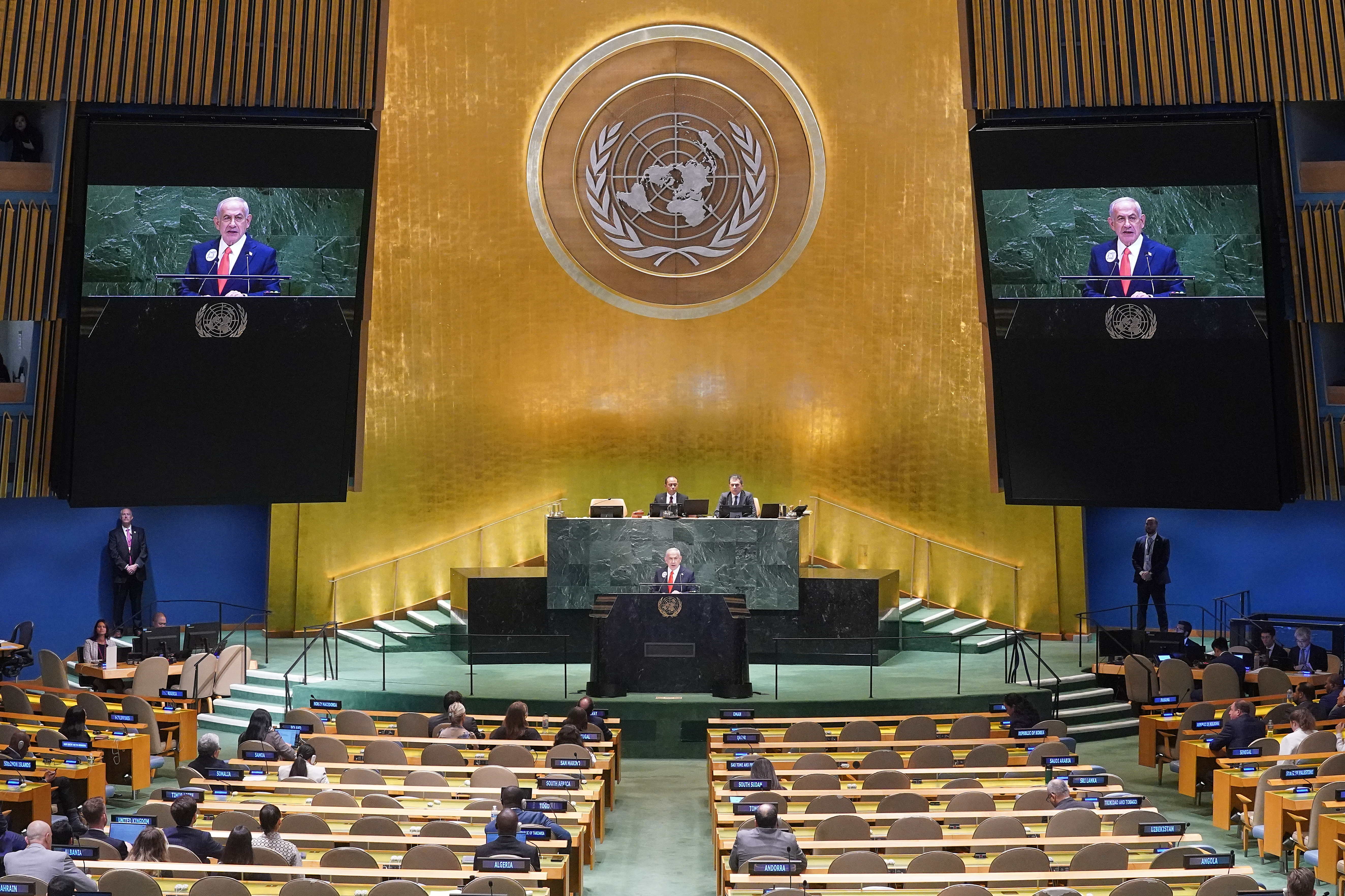 Israel Prime Minister Benjamin Netanyahu addresses the 80th session of the United Nations General Assembly, Friday, Sept. 26, 2025. (AP Photo/Richard Drew)