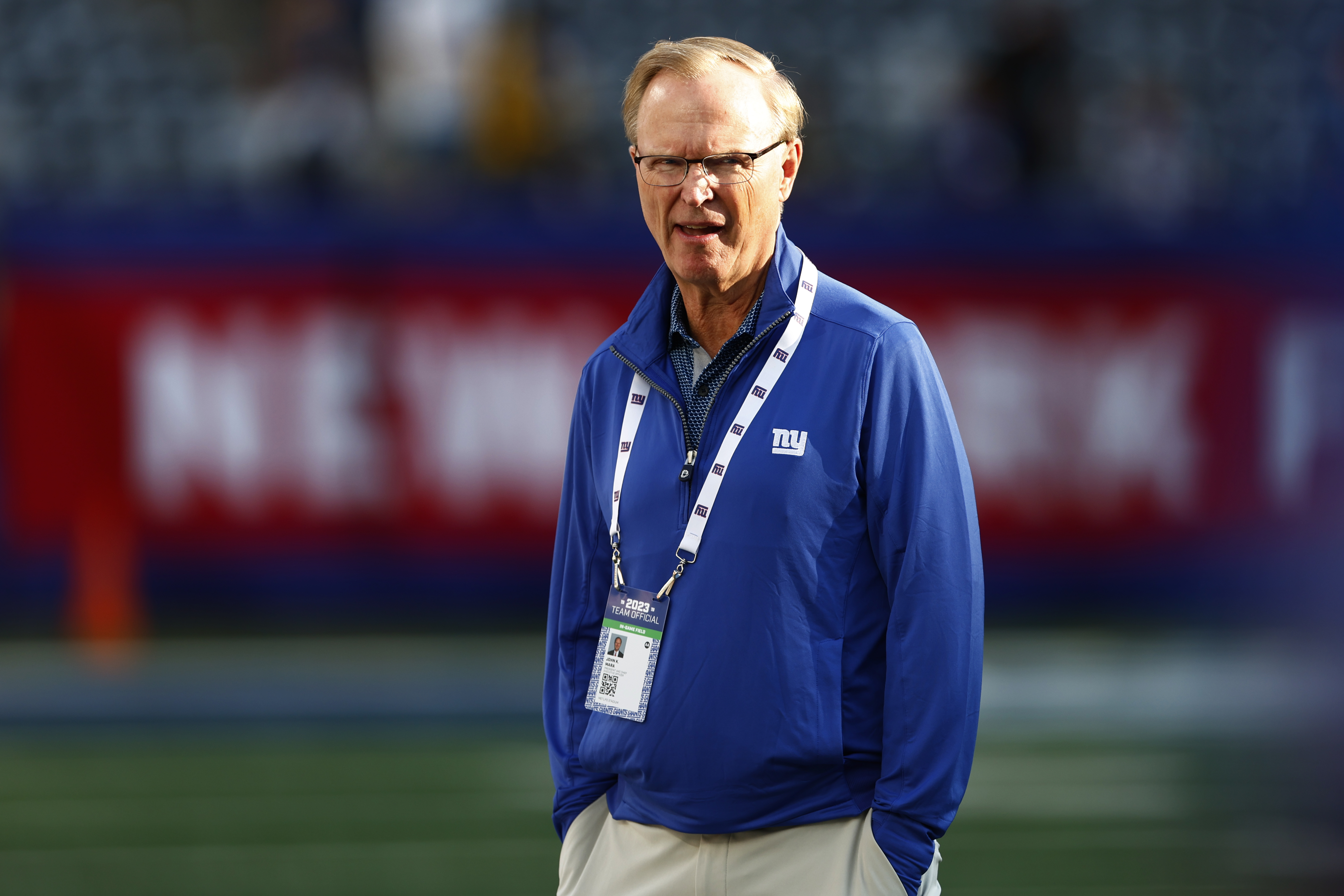 EAST RUTHERFORD, NEW JERSEY - AUGUST 18: John K. Mara, owner and CEO of the New York Giants looks on before pre-season football game against the Carolina Panthers at MetLife Stadium on August 18, 2023 in East Rutherford, New Jersey. (Photo by Rich Schultz/Getty Images)