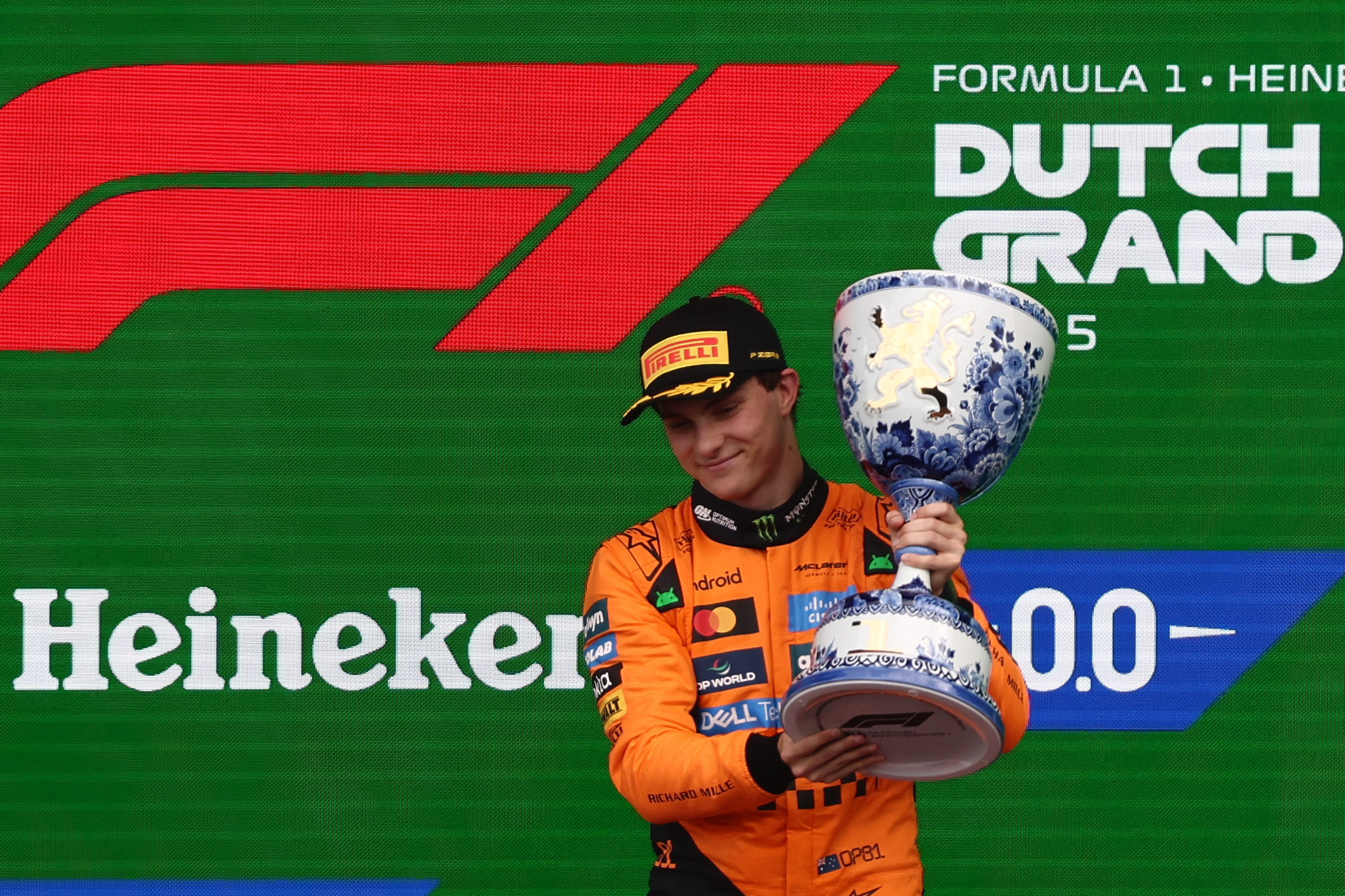 ZANDVOORT, NETHERLANDS - AUGUST 31: Oscar Piastri of McLaren on podium after the Formula 1 Dutch Grand Prix in Zandvoort, Netherlands on August 31, 2025. (Photo by Jakub Porzycki/Anadolu via Getty Images)