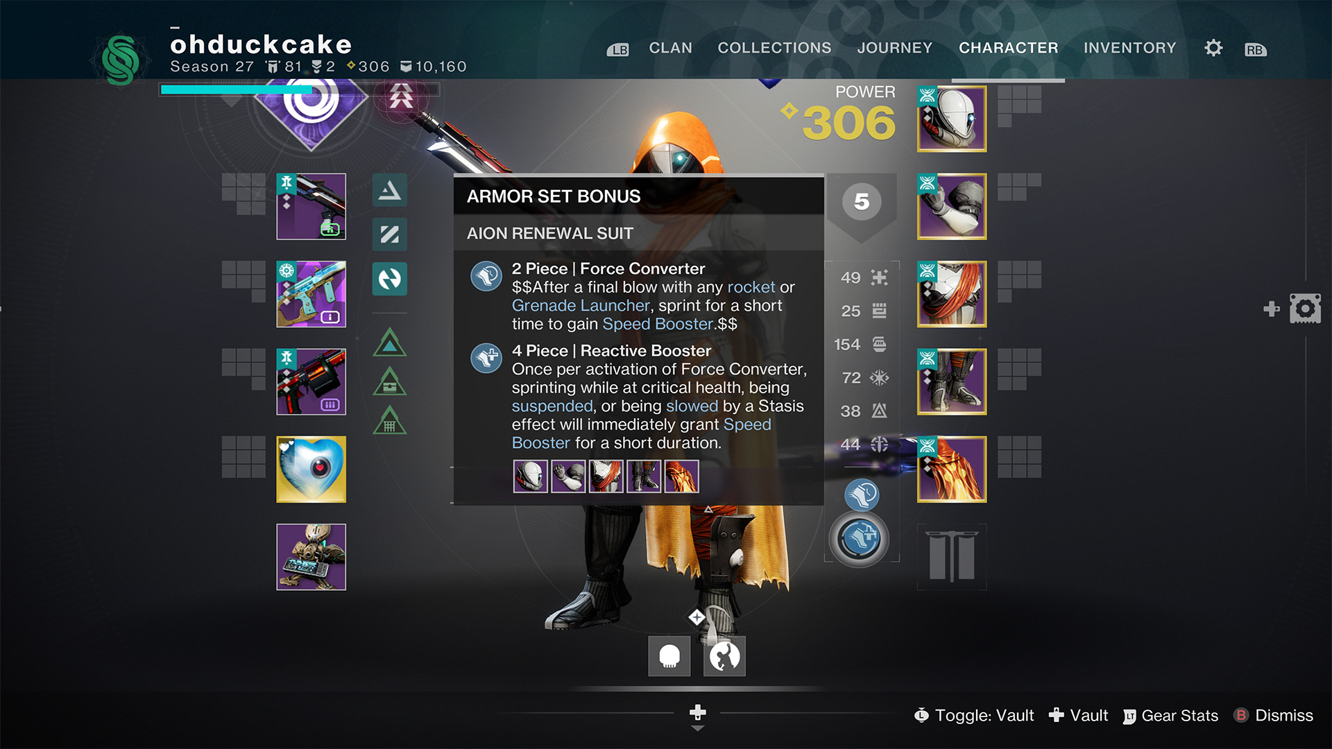 Destiny 2 armour set bonuses: The Aion Renewal Suit armour bonus highlighted in the inventory screen.