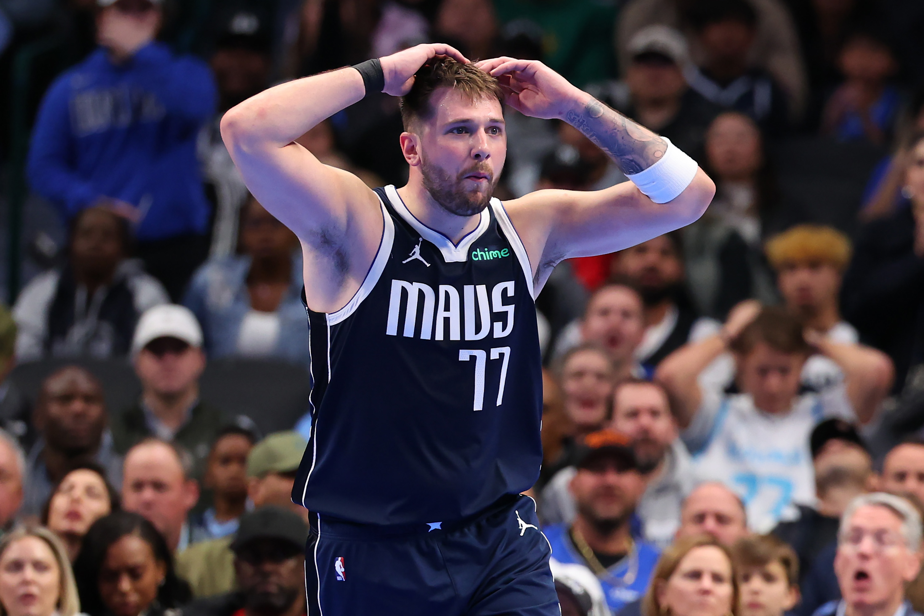 Luka Dončić #77 of the Dallas Mavericks during a game.