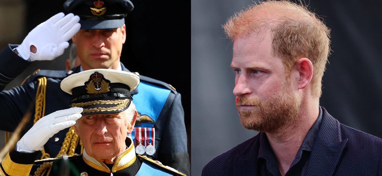 A photo collage of Prince William with King Charles and Prince Harry
