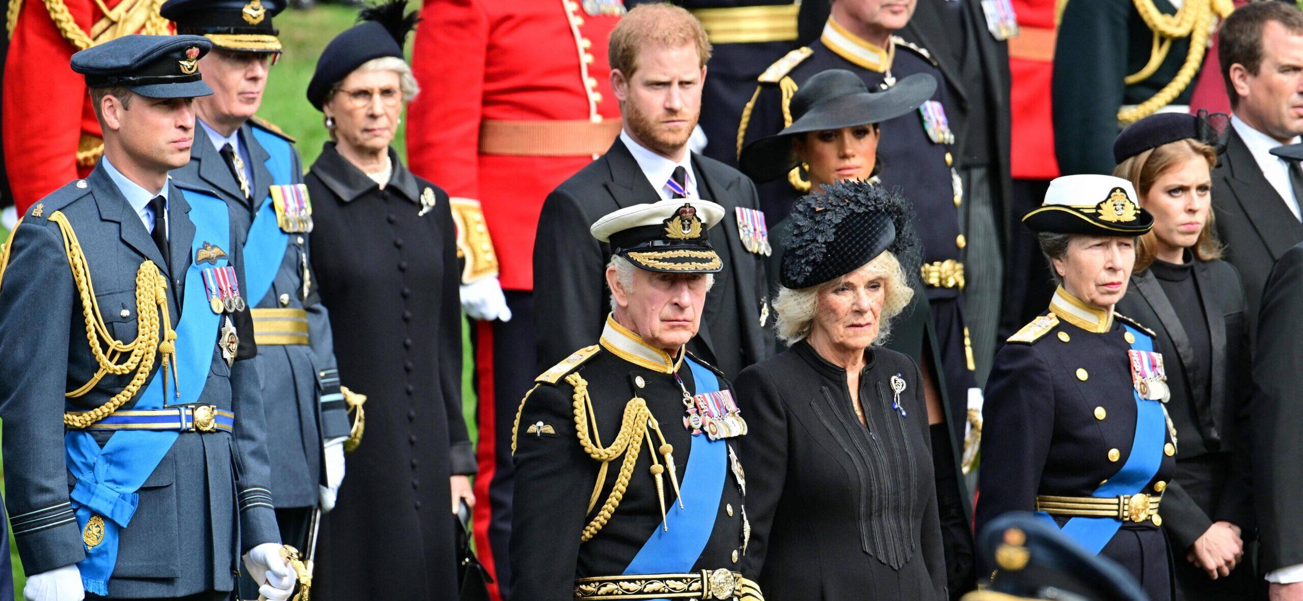 King Charles III and Camilla Queen Consort, Prince Harry and Meghan Markle Duchess of Sussex seen at Wellington Arch.