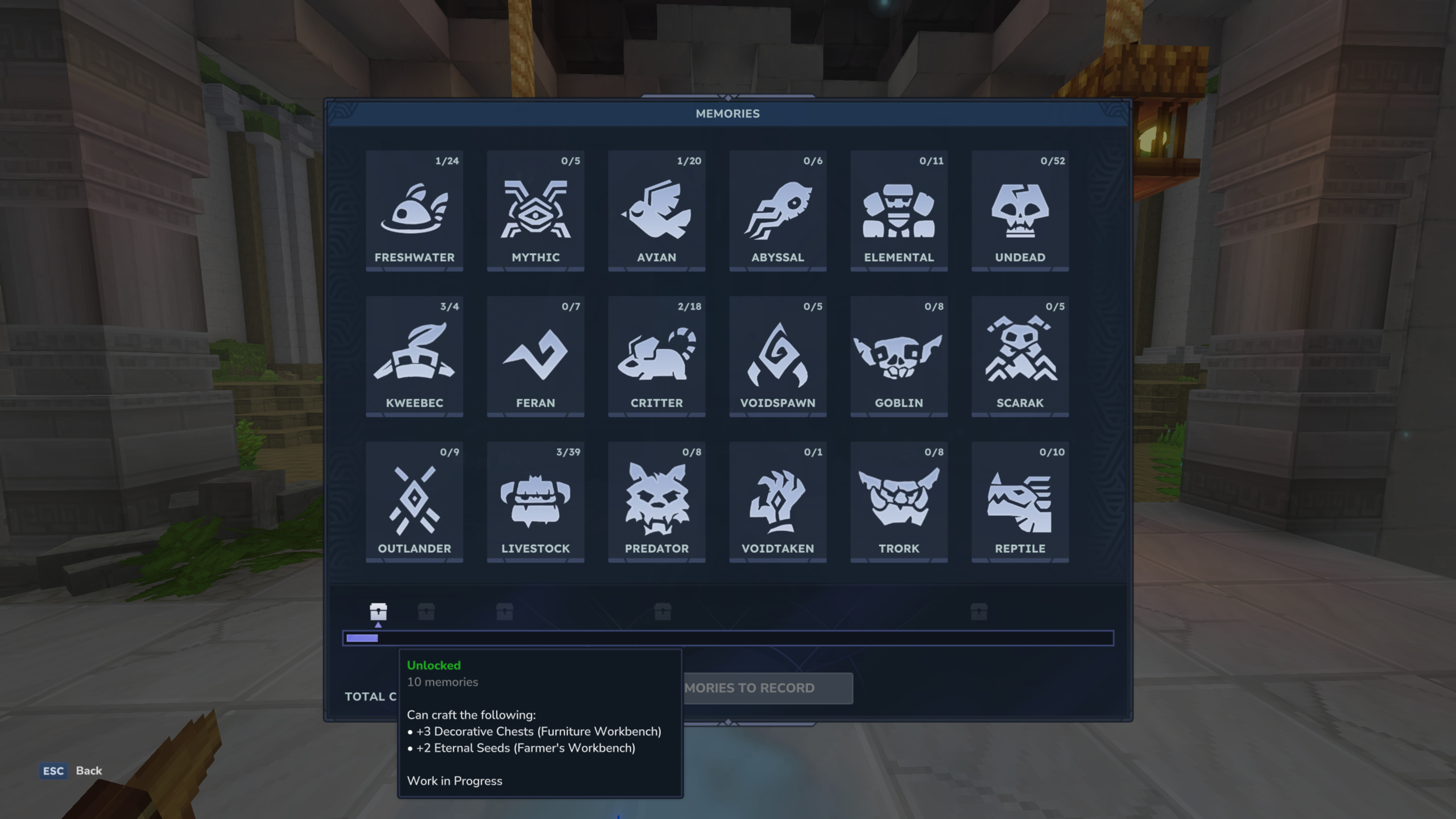 Hytale Memories: The Memories menu in the Forgotten Temple, showing all the categories and reward progression.