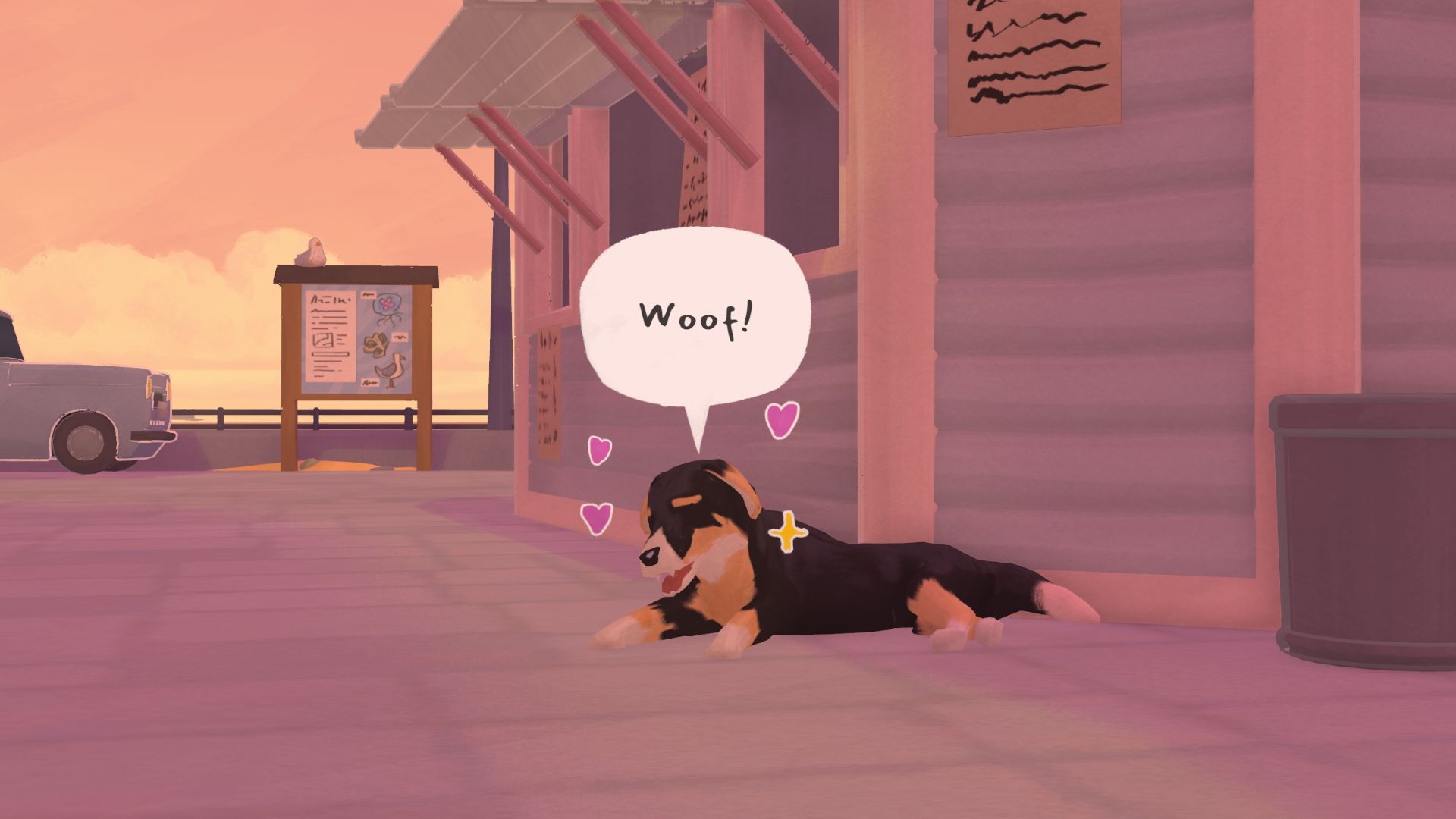 A brown, white, and black dog laying on the ground outside in Tiny Bookshop. He's got a speech bubble with