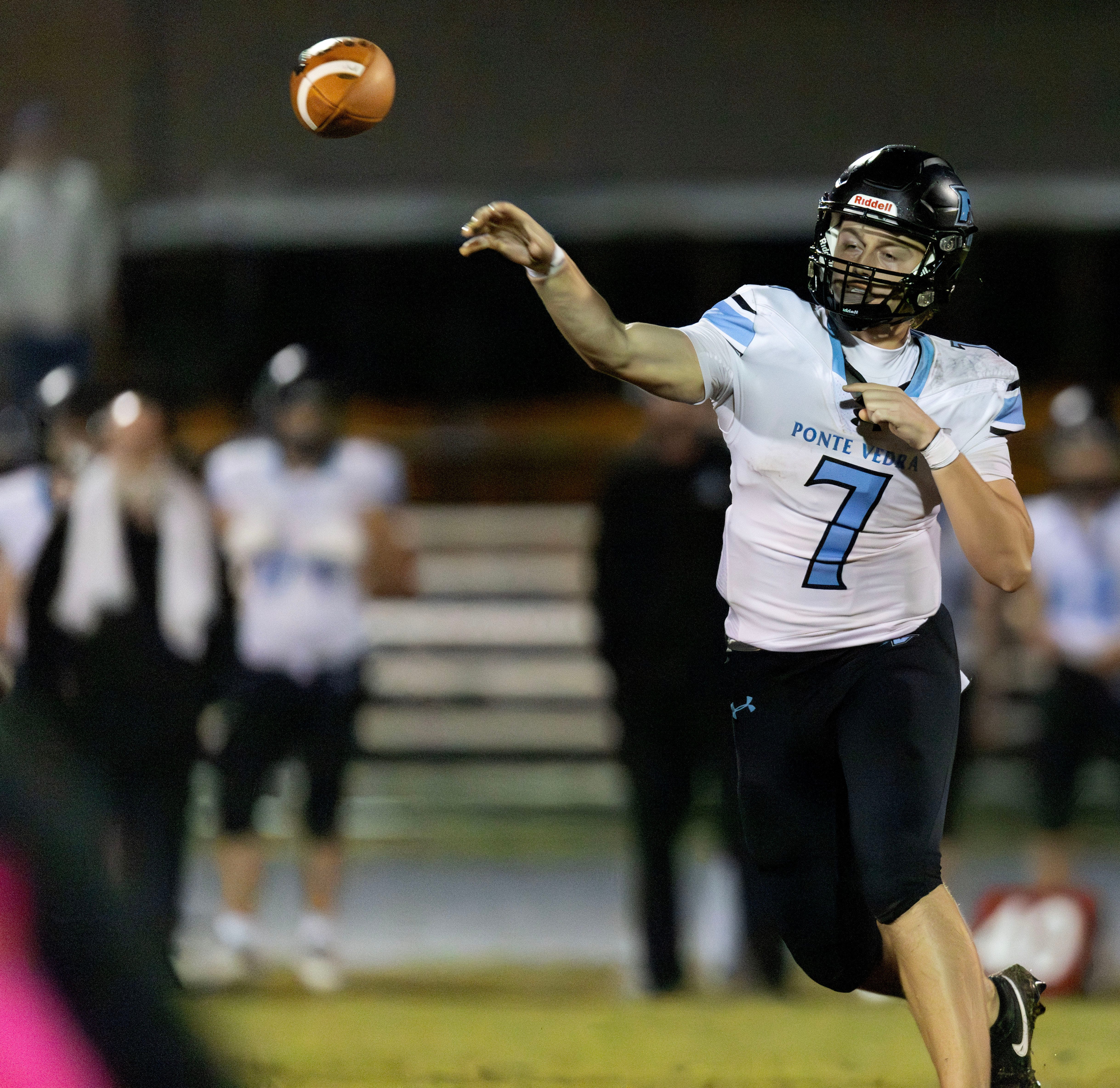 Ponte Vedra Sharks quarterback Cole Rosendahl (7) passes in the third quarter. The Middleburg Broncos (6-0) hosted the Ponte Vedra Sharks (4-2) at Middleburg High School in Middleburg, Fla. Friday night, October 10, 2025. [Doug Engle/Florida Times-Union]