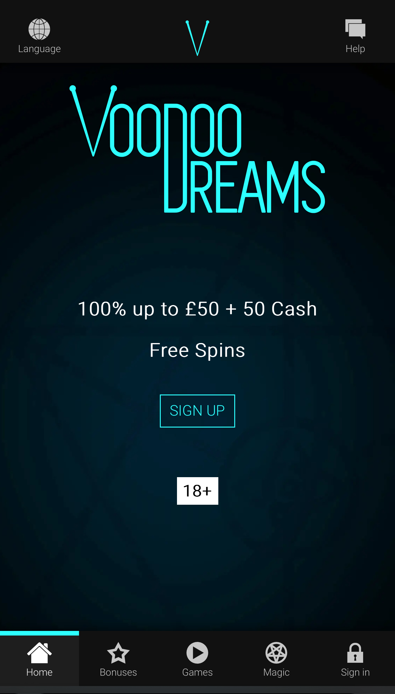 Voodoo Dreams casino signup screen: 100% up to &pound;50 + 50 free spins. 18+