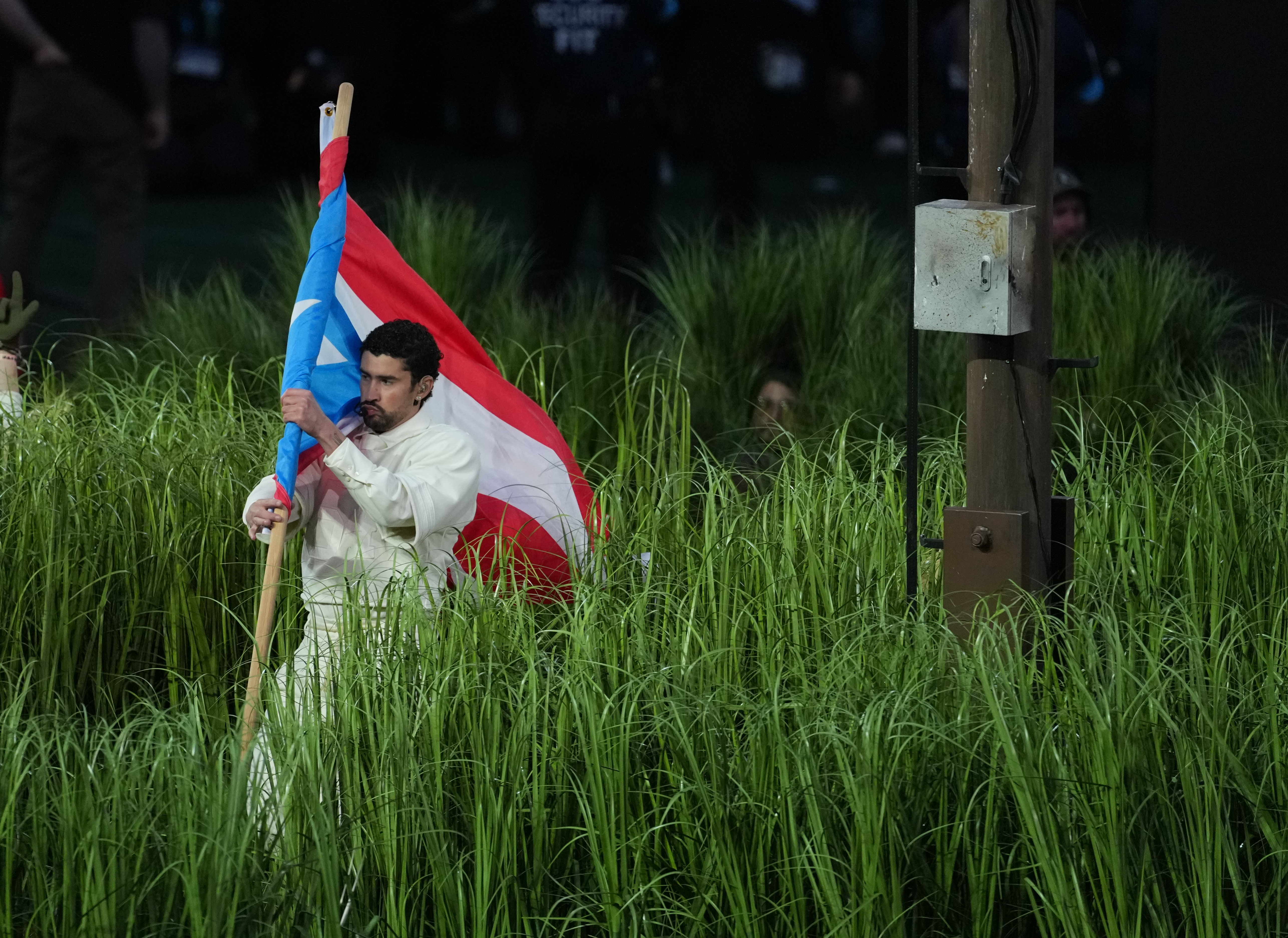 Feb 8, 2026; Santa Clara, CA, USA; Recording artist Bad Bunny performs at halftime in Super Bowl LX between the New England Patriots and the Seattle Seahawks at Levi's Stadium. Mandatory Credit: Kirby Lee-Imagn Images