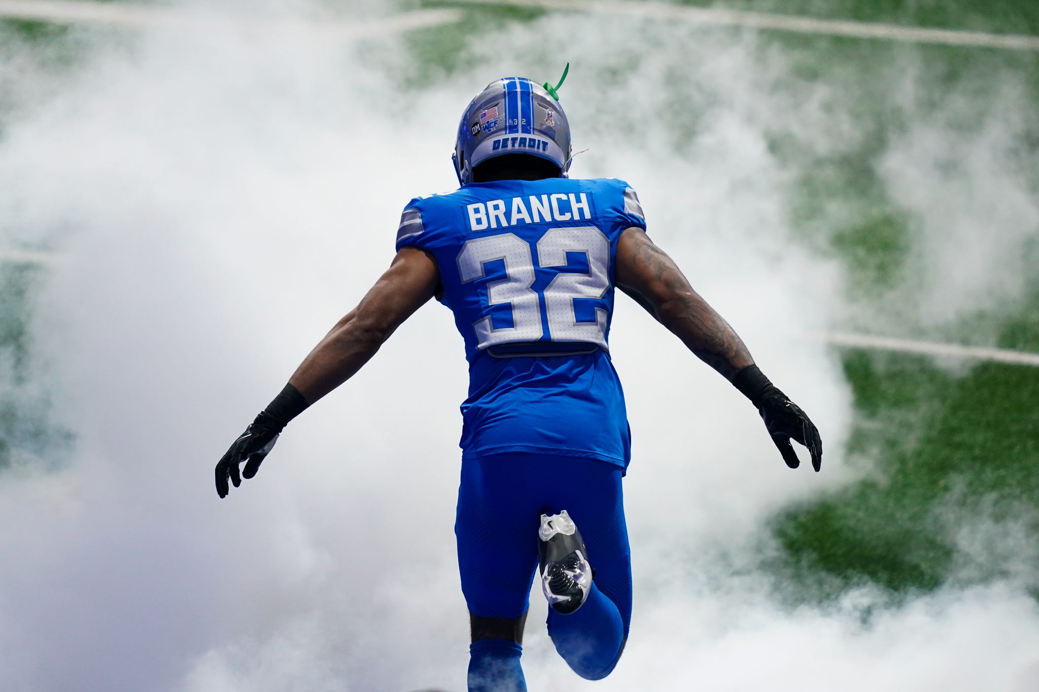 Detroit Lions safety Brian Branch (32) enters the field against the Minnesota Vikings at Ford Field in Detroit on Sunday, Nov. 2, 2025.