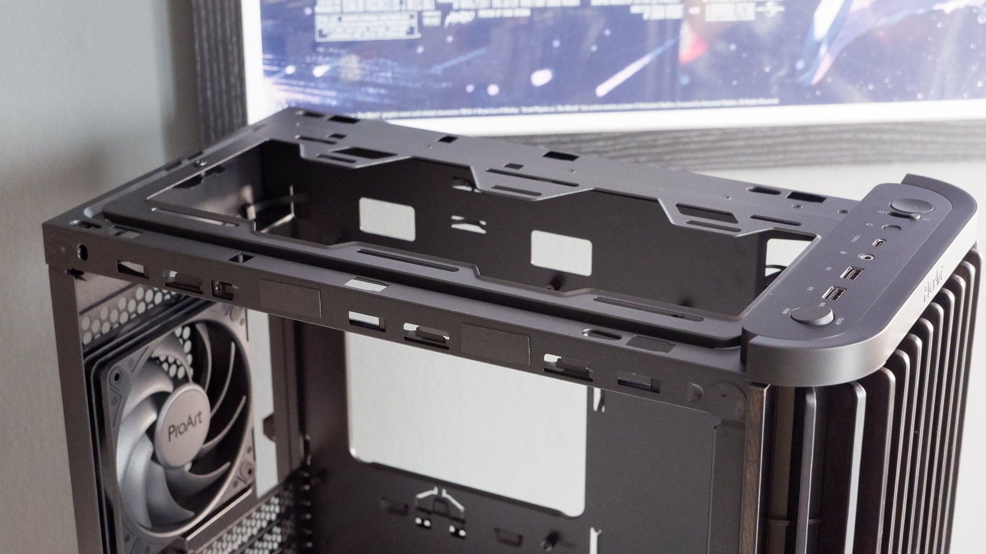 A gaming PC in the process of being built, using Radeon and Ryzen components and an Asus Pro Art PA401 PC case.