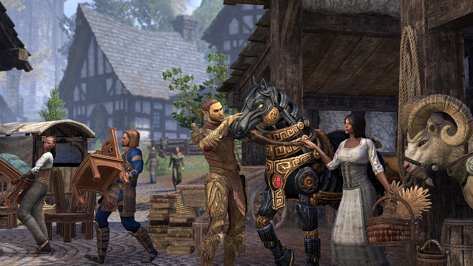 Townsfolk in The Elder Scrolls Online organise and lift objects, tending to mounts.
