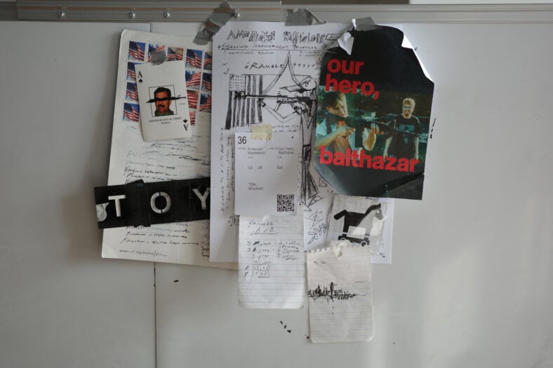 American Wasteland / Our Hero, Balthazar &mdash; exhibition flyer. Posted via: Base 36, Jet Le Parti & Noah Centineo. RP.1, Brooklyn, 2026.