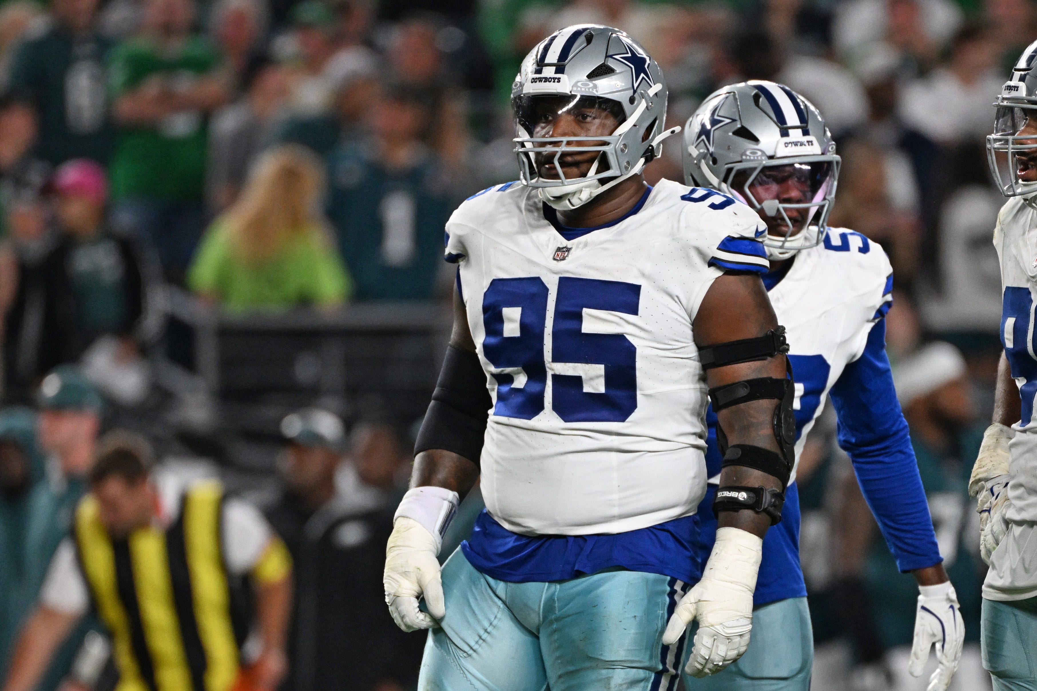 Sep 4, 2025; Philadelphia, Pennsylvania, USA; Dallas Cowboys defensive tackle Kenny Clark (95) against the Philadelphia Eagles at Lincoln Financial Field. Mandatory Credit: Eric Hartline-Imagn Images