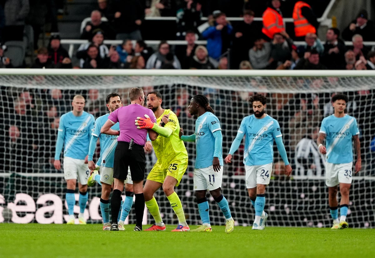 Manchester City goalkeeper Gianluigi Donnarumma complains to the referee during November&rsquo;s Premier League match at St James&rsquo; Park (Owen Humphreys/PA) (PA Wire)