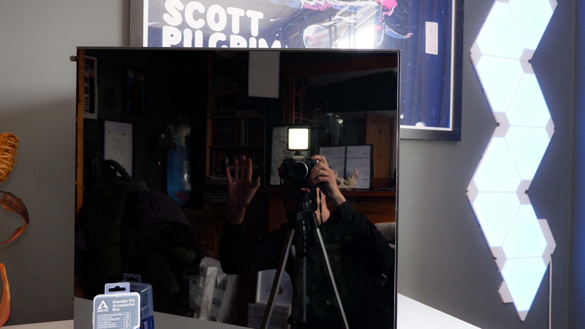 Arctic's Xtender PC case on a white desk with various parts being installed to build a functional gaming PC.