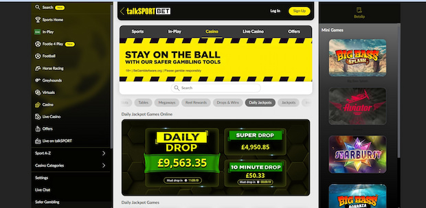 Screenshot of TalkSport Bet website showing casino games and daily jackpots.
