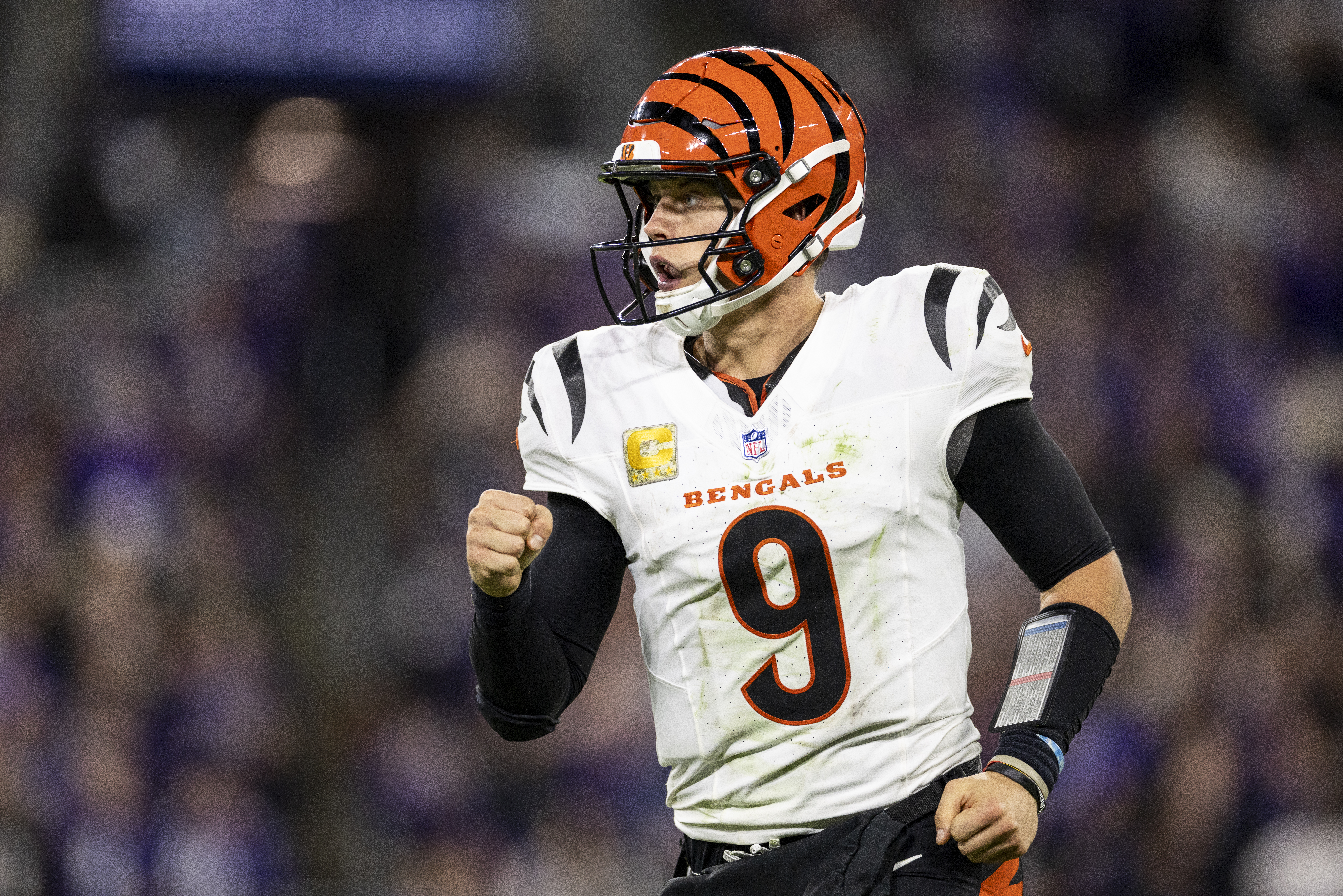 BALTIMORE, MARYLAND - NOVEMBER 7: Joe Burrow #9 of the Cincinnati Bengals celebrates after a touchdown during an NFL Football game against the Baltimore Ravens at M&T Bank Stadium on November 07, 2024 in Baltimore, Maryland. (Photo by Michael Owens/Getty Images)