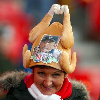 Pulis is 'the ghost of Christmas past' on this fan's festive turkey hat in 2017, when two of his old teams, Stoke and West Brom, met on 23 December. The Potters beat the Baggies 3-1