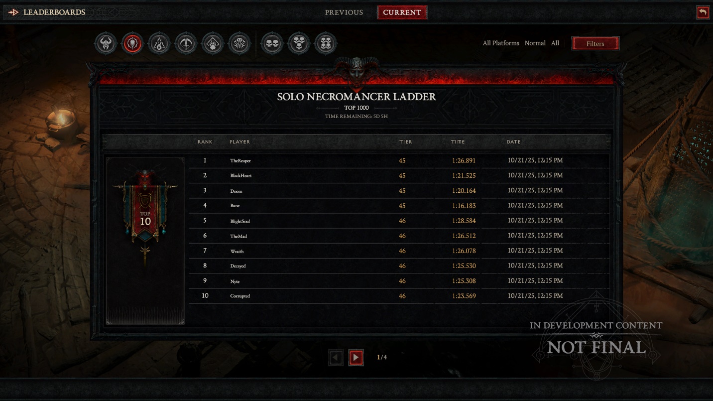 An in-development screenshot of Diablo 4's season 11 PTR. A list of player names are ranked for the fastest clear times of a dungeon on a leaderboard screen.