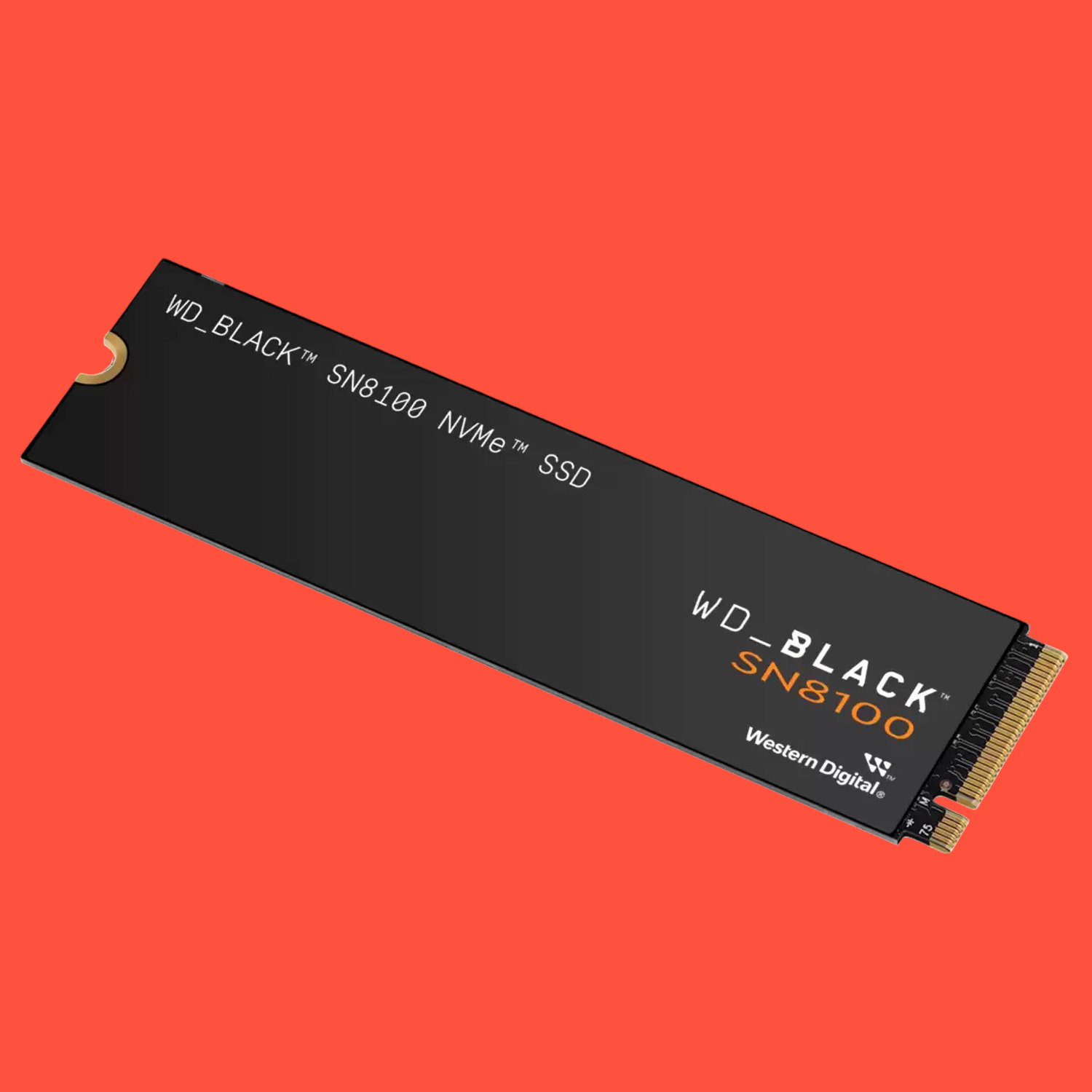 An image of a SanDisk WD_Black SN8100 SSD against a red background.