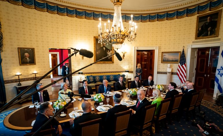 epa12223560 US President Donald Trump (C, top) and Israeli Prime Minister Benjamin Netanyahu (C, bottom) attend a dinner in the Blue Room of the White House in Washington, DC, USA, 07 July 2025. Israeli Prime Minister Benjamin Netanyahu told President Donald Trump he nominated him for the Nobel Peace Prize, using a visit to the White House to further cement the pair&rsquo;s relationship as the US presses for a ceasefire in Gaza. EPA/AL DRAGO / POOL