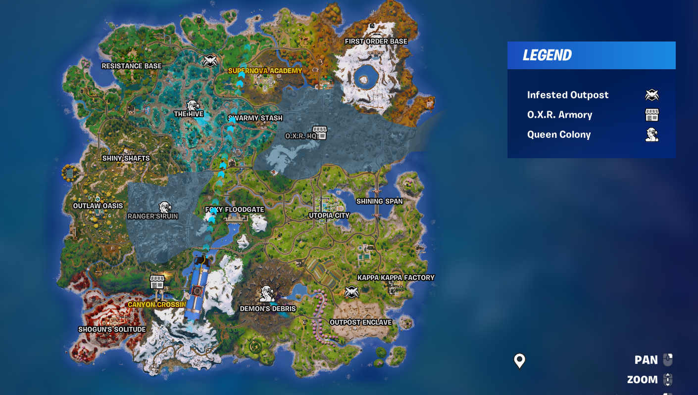 The full Fortnite S6Ch4 map, with all the POI locations, and icons marking the map with infested outposts, the OXR armories, and the Queen Colonies