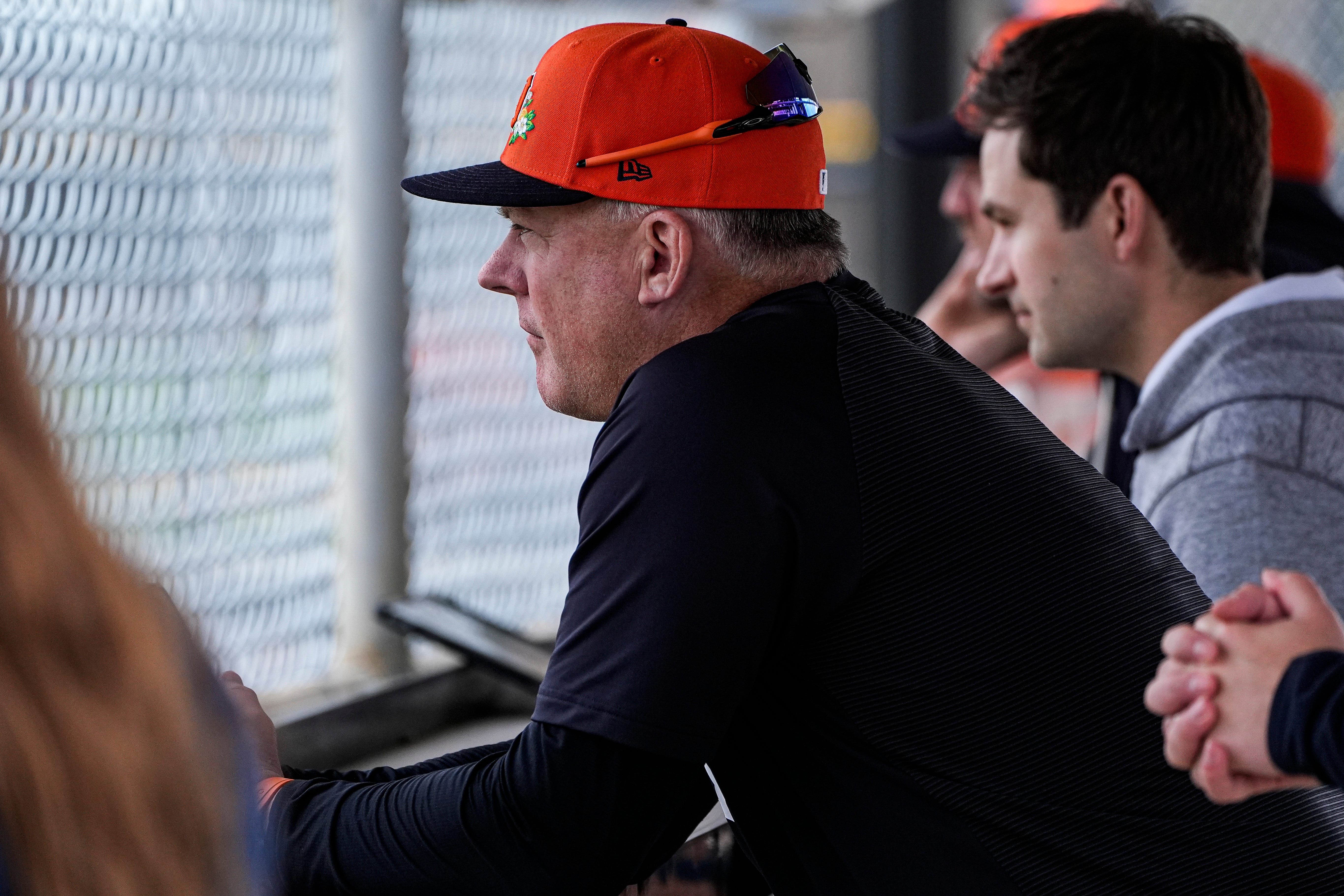 Detroit Tigers manager A.J. Hinch, left, president of baseball operations Scott Harris, right, watch at live batting practice during spring training at TigerTown in Lakeland, Fla. on Monday, Feb. 16, 2026.