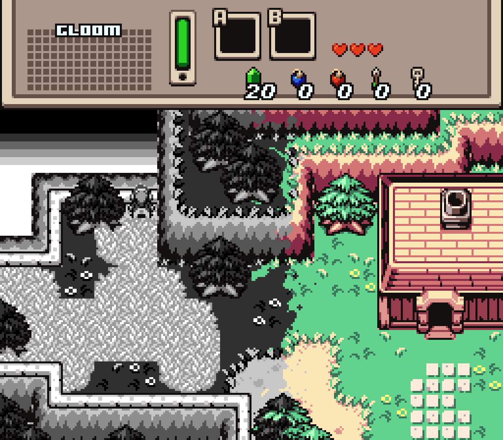 A colorful Zelda-style world being taken over by B&W pixels