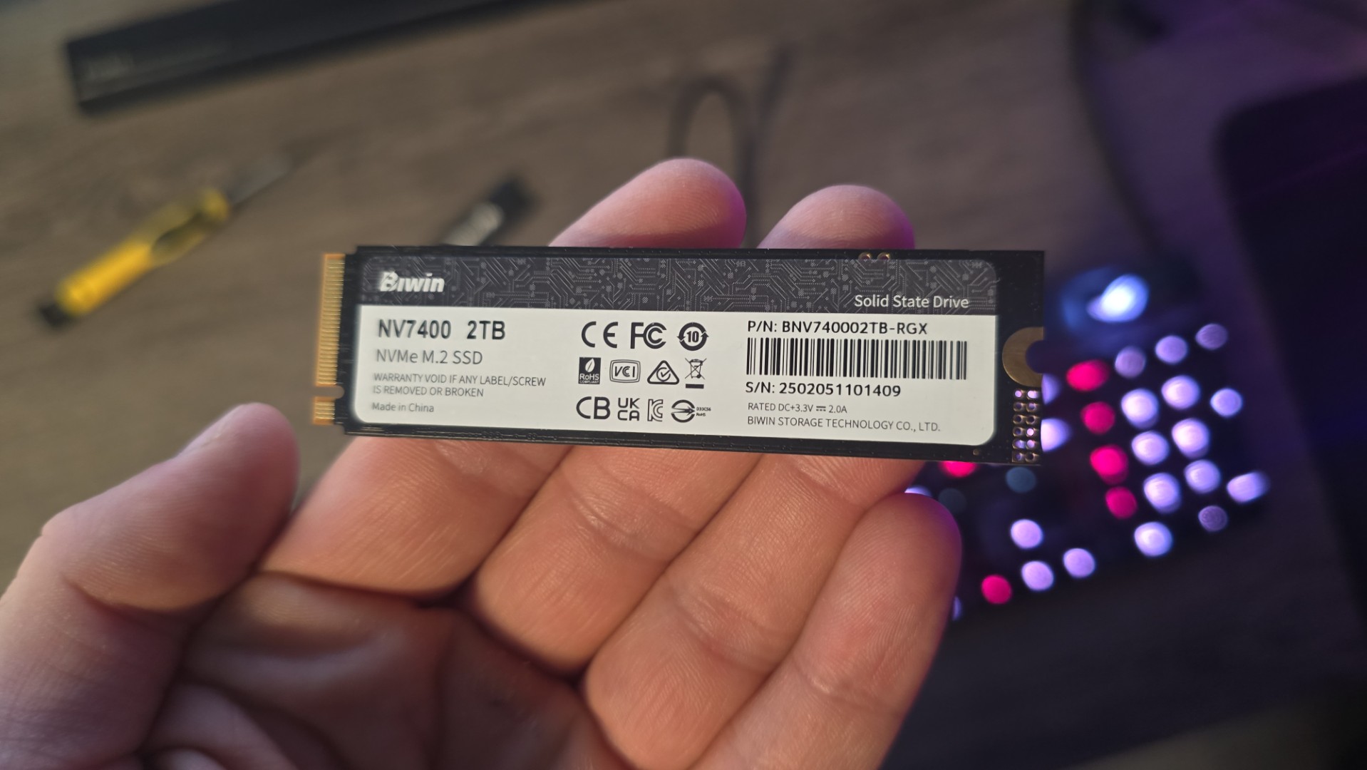 The Biwin Black Opal NV7400 SSD out of its packaging and installed in a PC.