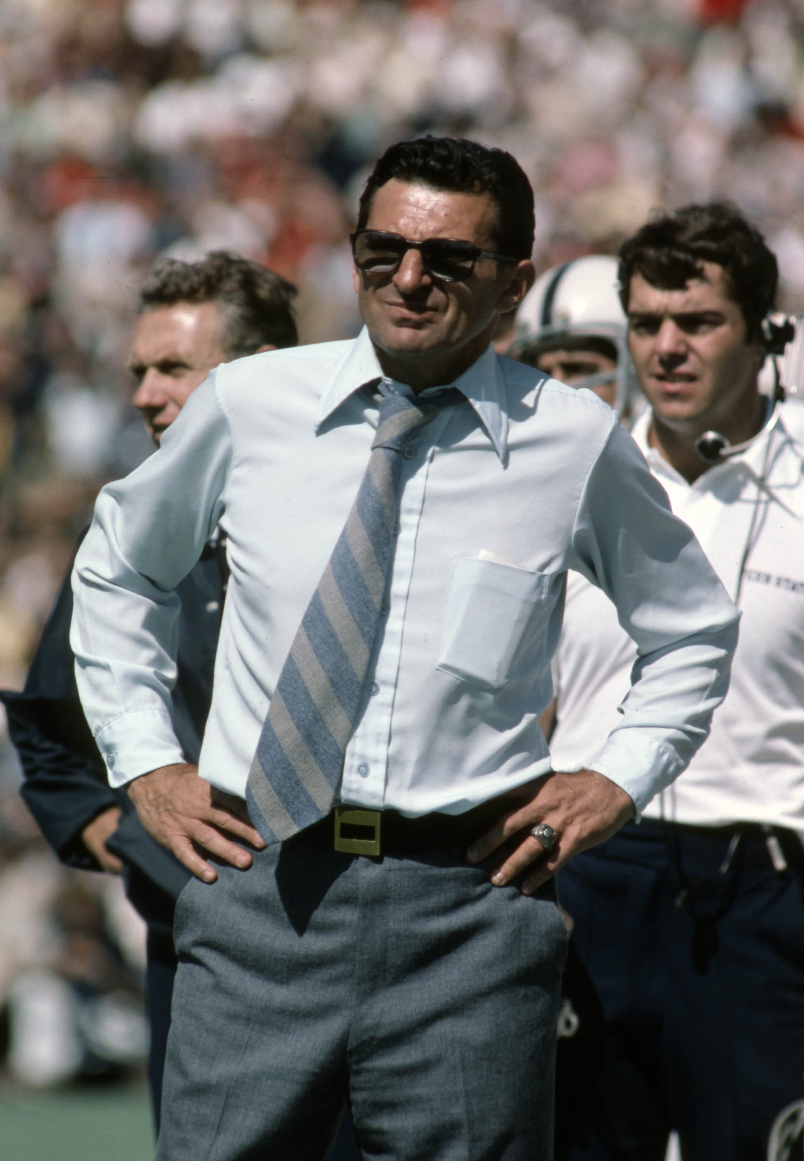 Sept 1975; Unknown location, USA; FILE PHOTO; Penn State Nittany Lions head coach Joe Paterno watches from the sidelines during the 1975 season. Mandatory Credit: Malcolm Emmons-USA TODAY Sports