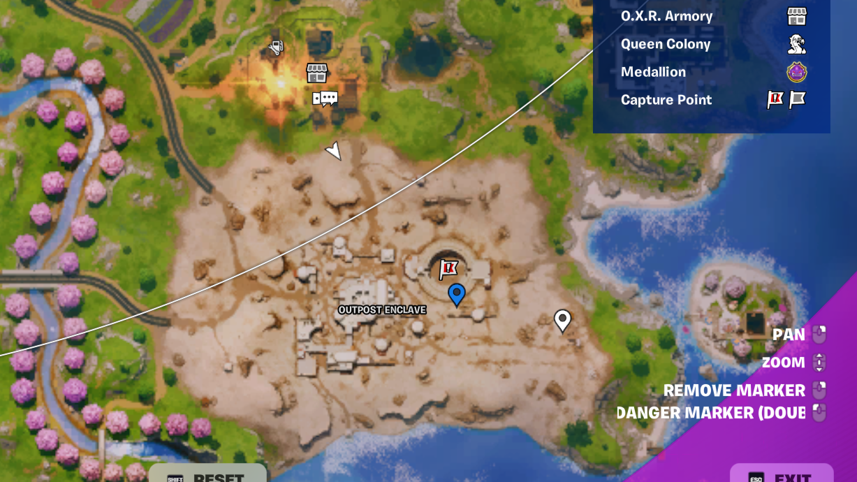 A fortnite map showing Outpost Enclave and a Capture point