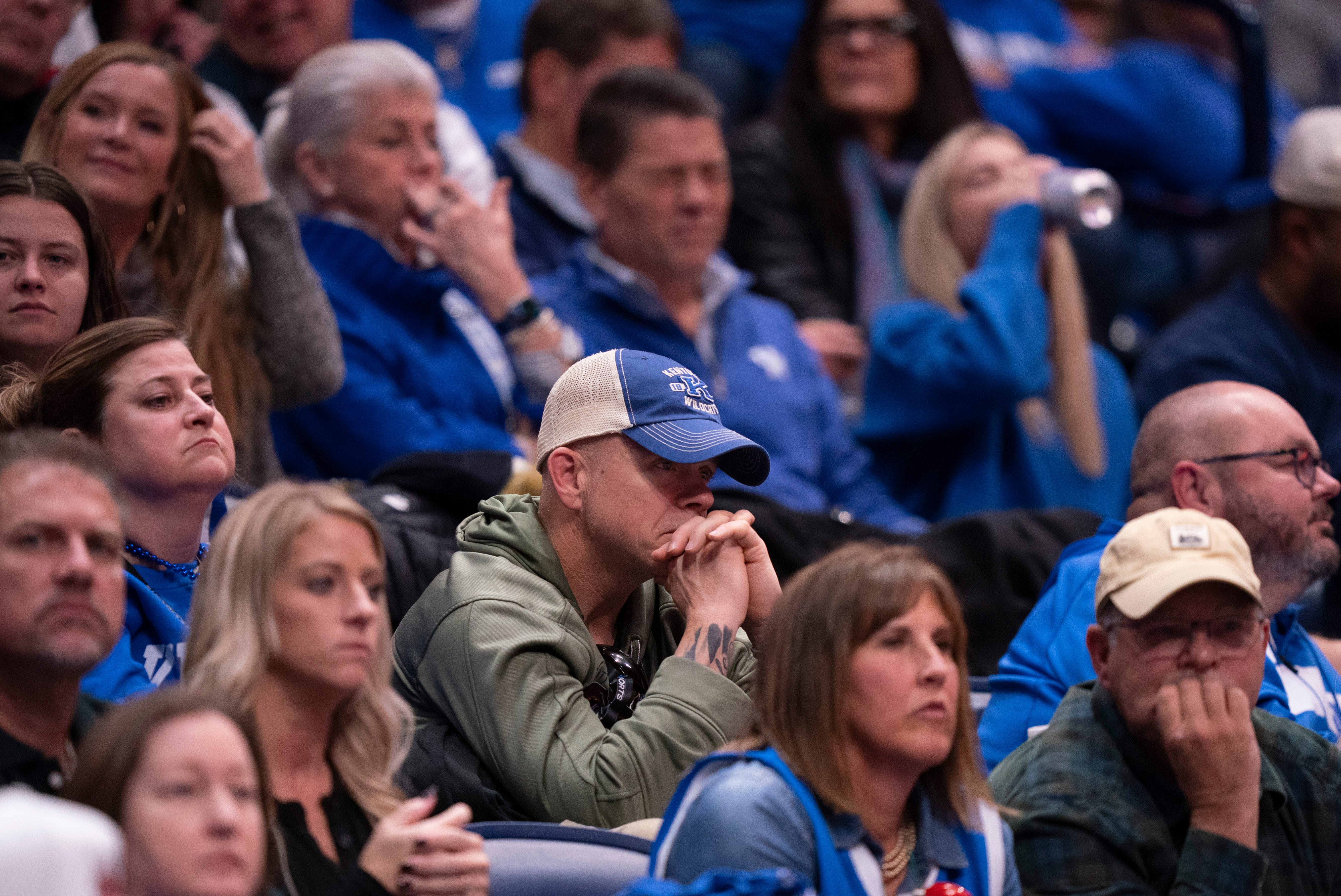Sad Kentucky fans watch their Wildcats play against the Gonzaga Bulldogs during their game at Bridgestone Arena in Nashville Friday, Dec. 5, 2025. Kentucky lost 94-59 to Gonzaga.