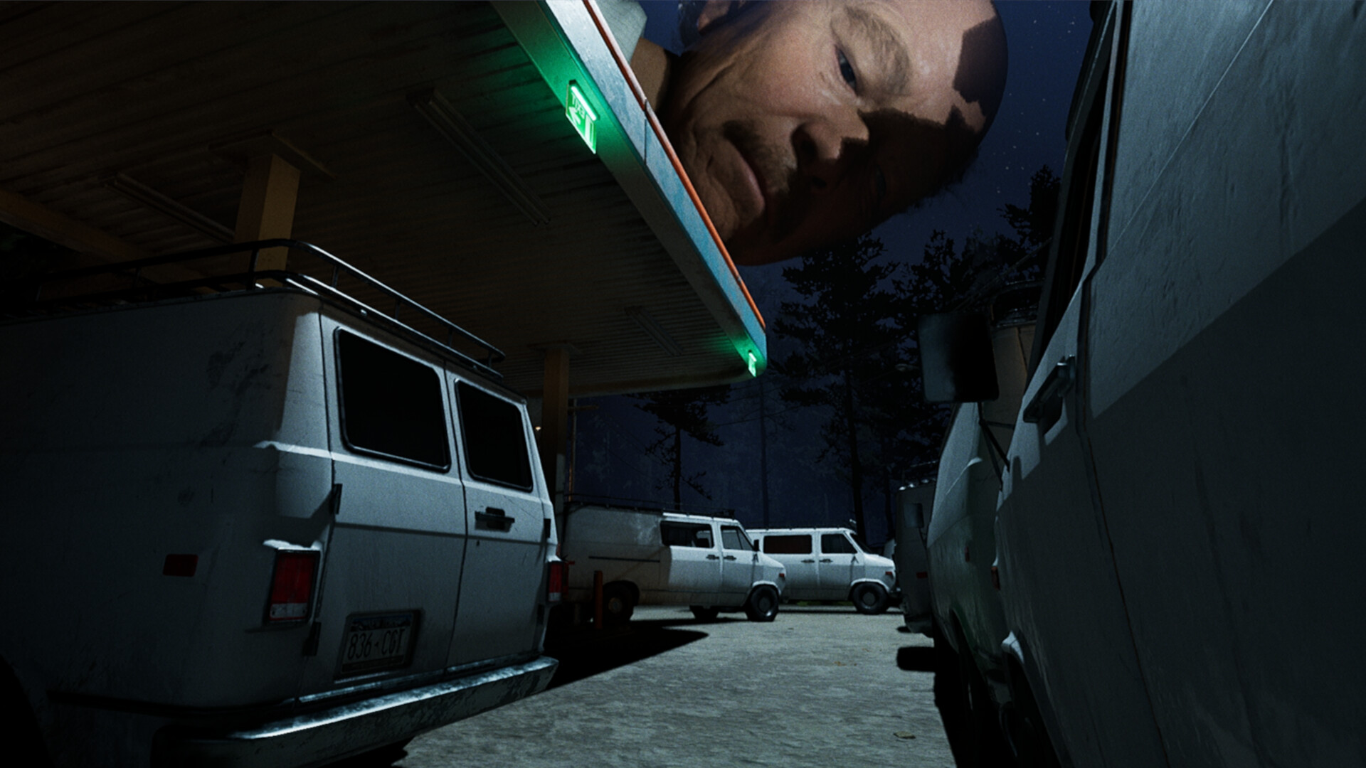 The giant, terrifying employer leans down to peer at the gas station in Before Exit: Gas Station.