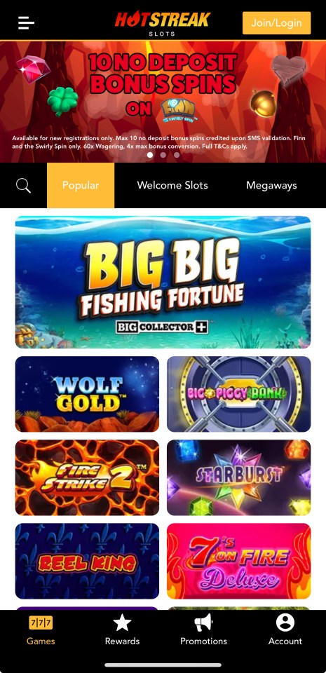 HotStreak slots homepage showing various games.