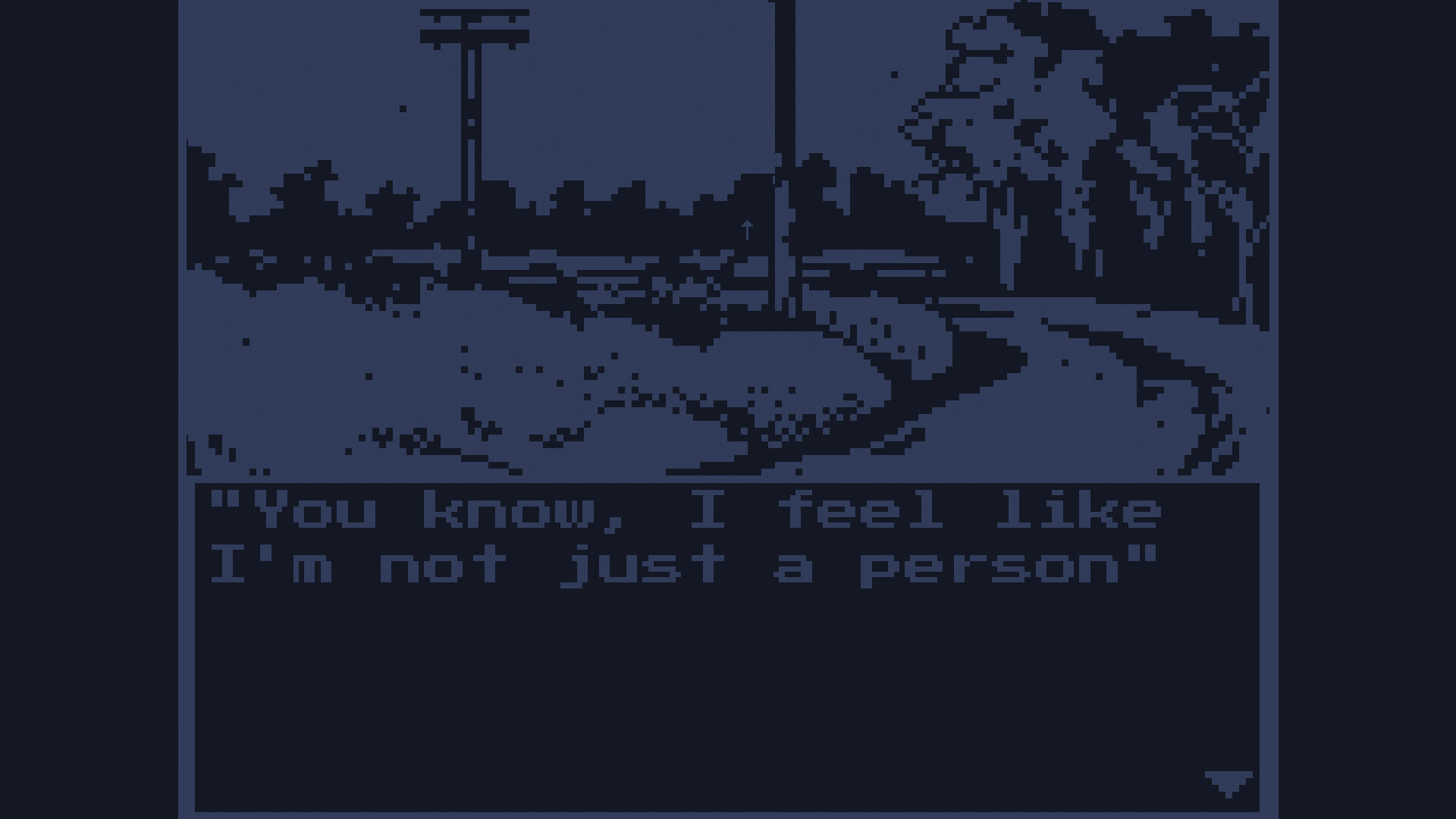 A screenshot from The Winter Mind showing a highly pixellated country road and a text caption reading 