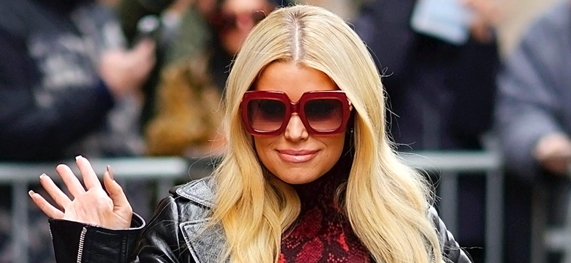 Jessica Simpson wears all red at the View Studios on February 05, 2020 in New York City.