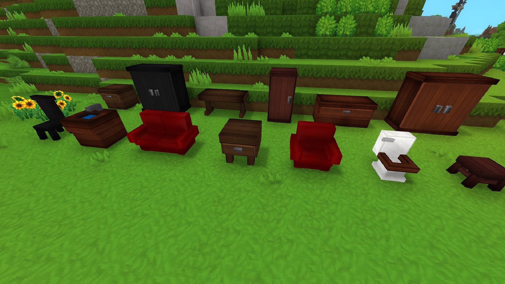 Best Hytale mods: Various furniture like wardrobes and chairs on grass to showcase Macaw's mod packs.