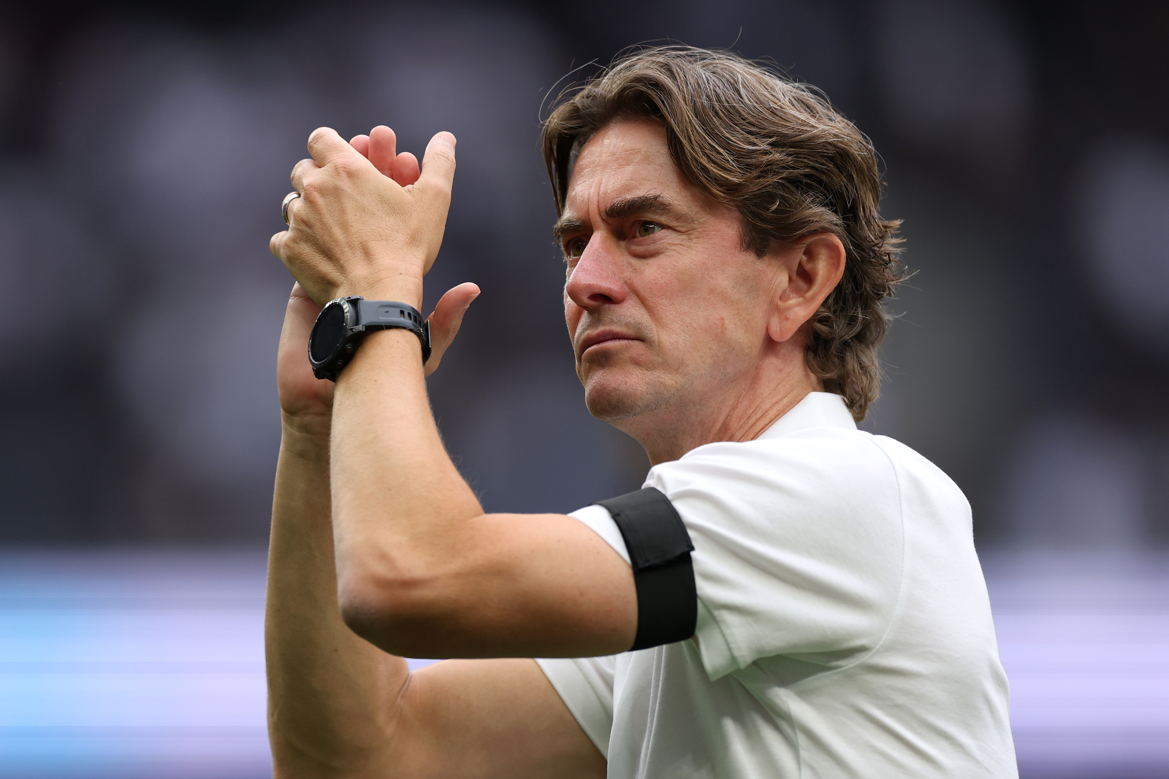 LONDON, ENGLAND - AUGUST 16: Thomas Frank, Manager of Tottenham Hotspur, claps the fans after the Premier League match between Tottenham Hotspur and Burnley at Tottenham Hotspur Stadium on August 16, 2025 in London, England. (Photo by Justin Setterfield/Getty Images)