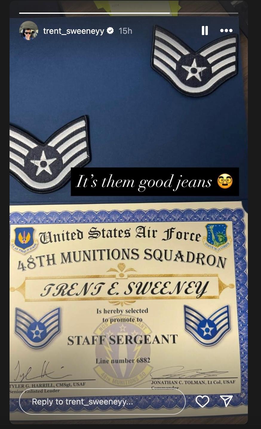 Trent Sweeney Instagram Stories showing certificate