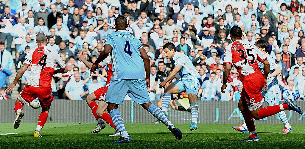 Sergio Aguero scores the title-clinching winner for Man City against QPR in 2012