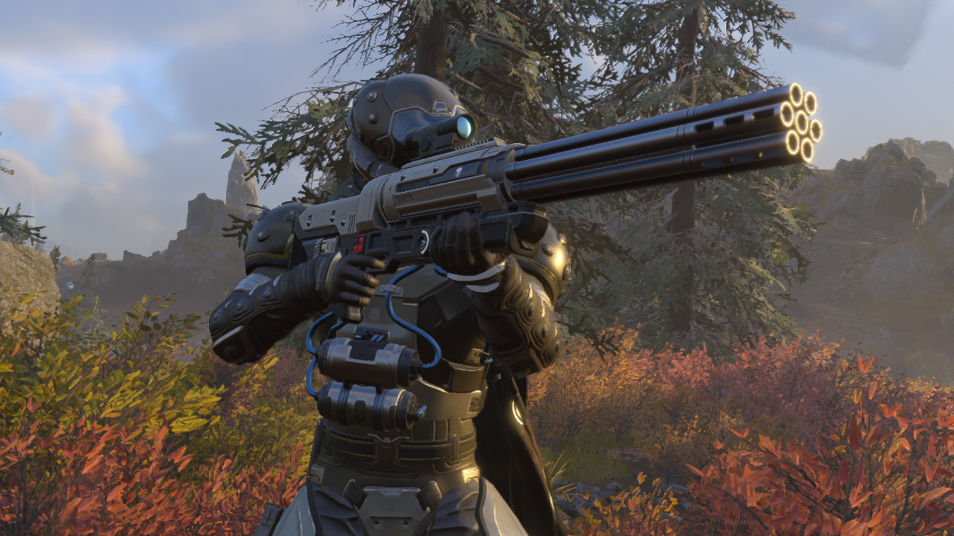 A Helldiver wielding a VG-70 Variable primary weapon from the Control Group warbond.
